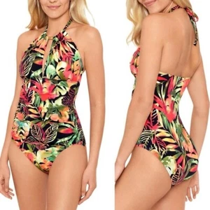 Ralph Lauren dunkler tropischer Druck Bauch Kontrolle hochgeschlossen Badeanzug Größe 6 neu mit Etikett - Bild 1 von 11