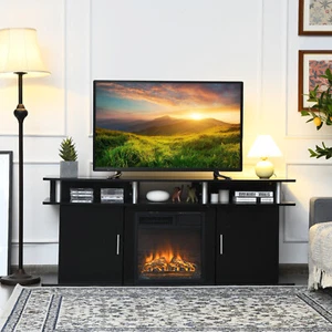 Black 63" TV Stand Entertainment Console Center W/ 2 Cabinets Up to 70" - Picture 1 of 6