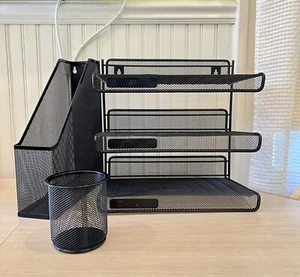 3 Stück Schreibtisch Datei Organizer Metall Netz 3 Fächer Schwarz Set Wandbehang - Bild 1 von 7