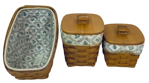 Longaberger Lidded basket lot with liners and protective inserts Leaves Green Cover