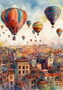 Póster con impresión en acuarela de globos de aire caliente sobre ciudad rural arte de pared imagen - Imagen 1 de 7