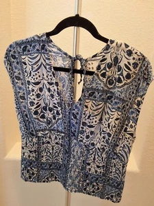 Old Navy Womens Size L Smocked Elastic Waist Paisley Floral Tie Back Blue Blouse - Picture 1 of 8