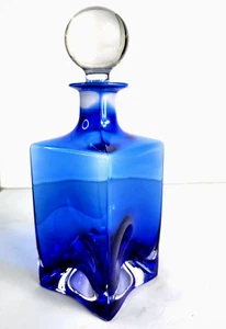 Vintage Blue Heavy Glass Classic Decanter w/Ground Neck Clear Stopper 10" - Picture 1 of 16