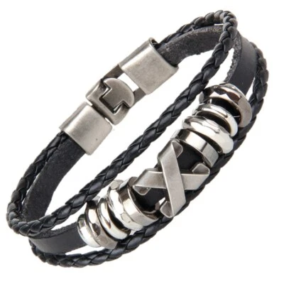 Mens Womens Multilayer Braided Leather Stainless Steel Snap Bracelet Bangle Cuff - Image 1 of 4