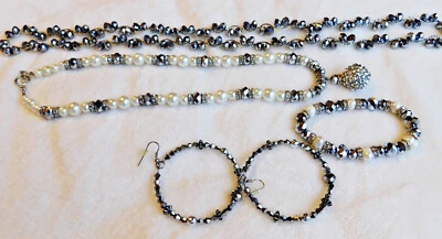 Set wertiger Modeschmuck Kristalle und Perlen hämatitfarben  4 Teile wie neu - Bild 1 von 4