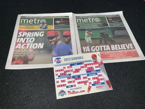 PHILLIES 2023 MAGNET SCHEDULE Bryce Harper & Trea Turner METRO NEWSPAPER SGA Cover