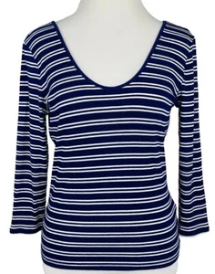 Express XS One Eleven blau-weiß gestreiftes Double Scoop Tee geripptes Shirt Top - Bild 1 von 10