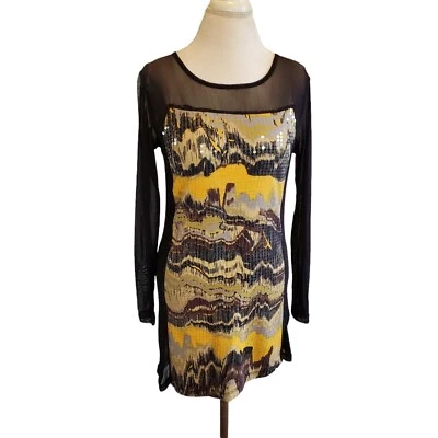 Blusa Y2K preta malha manga longa lantejoulas amarelas bainha assimétrica M média - Imagem 1 de 4