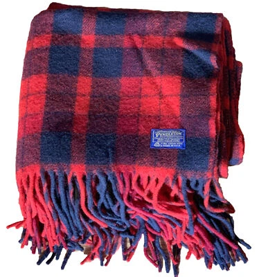 Vintage Pendleton Plaid Red Blue Wool Blanket With Tassels 53 X 69 +9 Fringe - Image 1 of 4