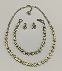 Conjunto de pendientes collar pulsera cadena margarita blanca vintage años 60 esmalte estrás - Imagen 1 de 17
