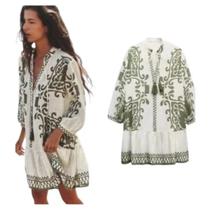 Zara Ecru & Khaki Rustic Printed Mini Dress Size XS - Picture 1 of 11