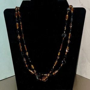Lange mehrsträngige Halskette Bernstein braun schwarz Glasperlen  - Bild 1 von 7
