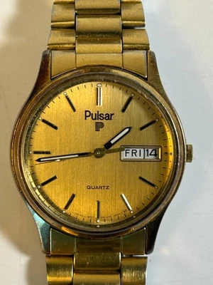 Seiko Pulsar Watch Men 34mm Champagne Dial Gold Tone Daydate Y148-6019 New Batt - image 1 of 4