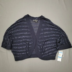 INC Sweater Womens XL Short Sleeve Sequin Pull Over Cardigan Striped Sheer Blue - Picture 1 of 17