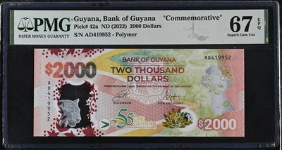 Guyana 2000 Dólares ND 2022 Comm. Excelente gema de polímero P 42 a UNC PMG 67 EPQ SIN RESERVA Foto 1 de 3