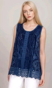 Johnny Was Tsion Blue Sleeveless Eyelet Blouse C15224 Size Large - Picture 1 of 11