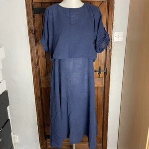 Mitzy Womens Blue Cotton Muslin Roll Sleeve Layered Lagenlook Midi Dress UK 14 - Picture 1 of 13