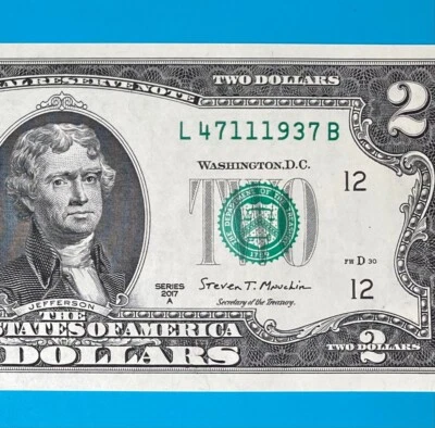 TRAILING YEAR 1937 (L 4711 1937 B) $2 Two Dollar Bill Serial Number 2017A *UNC* - Image 1 of 4