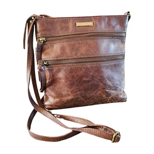 Estalon Purse LEATHER CROSSBODY Handbag Multi Pocket DISTRESSED Dark Brown BOHO - Picture 1 of 7