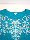 Westport Women's Shirt Size XL Blue Green Embroidered Damask Pattern Scoop Neck