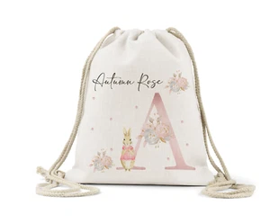 Personalised Drawstring Bag, Girls Peter Rabbit, Name, Nappy, Nursery, P.E Bag, - Picture 1 of 1