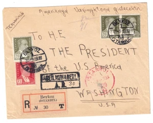 1938 Turkey Registered Airmail Cover to US President FDR - Picture 1 of 2