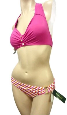 NWT $117 Ralph Lauren 2pc Bikini Swimsuit 12 Rose Halter w Multi Stripe Bottom - Image 1 of 4