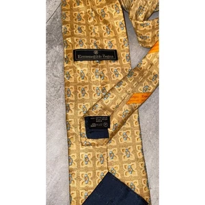 Ermenegildo Zegna 100% Silk Gold Blue Geometric Pattern Men's Luxury Neck Tie - Picture 1 of 2