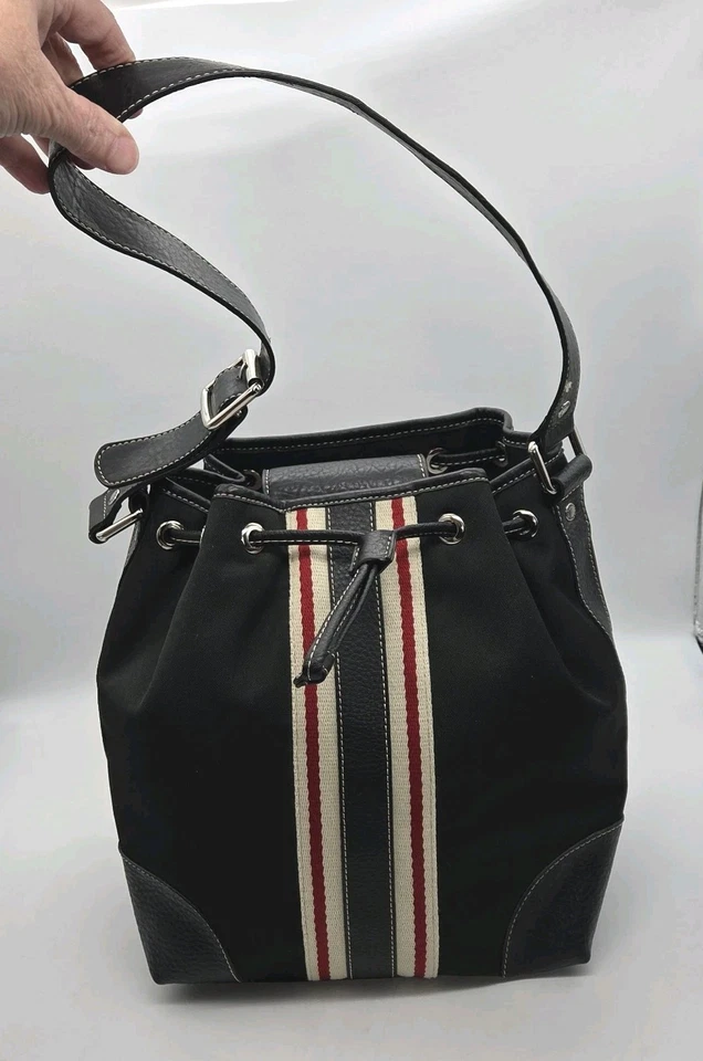 Tommy Hilfiger Purse Bucket Bag Drawstring Closure Black Canvas Faux Leather VTG - Image 1 of 4