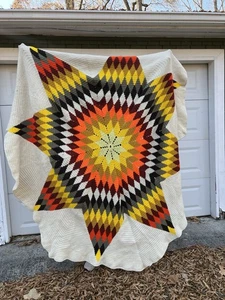 Vintage Afghan Decke Lone Star bunt 88" rund geometrisch Handarbeit - Bild 1 von 3