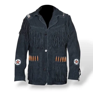 Giacca uomo western cowboy scamosciata frange perline nativi americani pelle jacket - Foto 1 di 4