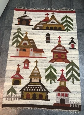 Vintage Hand Woven Pictorial Folk Art Wall Hanging Wool Tapestry Kilim Rug - Image 1 of 4