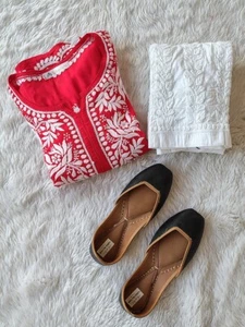 Valentine Special Red Modal Kurta Pant Set Lucknowi Chikankari Ethnic Party Wear - Picture 1 of 4