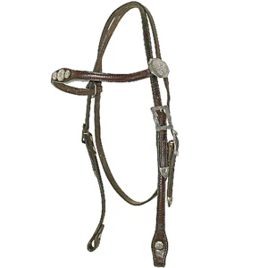 Vintage Sterling Silver Overlaid Dark Leather Browband Western Ranch Headstall - Picture 1 of 10