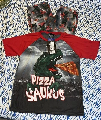 NUEVO Pijama Dinosaurio Pizza 2 piezas T-Rex Camisa Manga Corta Pantalón Largo Niños XL 16-18 Foto 1 de 4