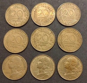 France 1963-83, Lot of 9 Nicely Toned 20 Centimes Coins, KM# 930 - Picture 1 of 11