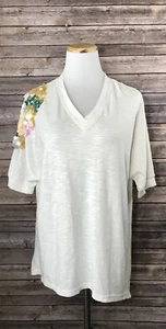 Esley White Sequin Shoulder White Asymetrical V Neck Oversize Shirt Sz Small - Picture 1 of 5