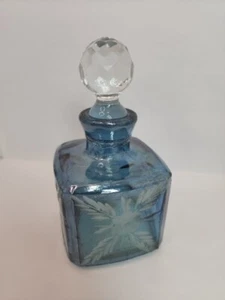 Vintage Perfume Bottle Blue Crystal Topper Etched Flowers Leaves READ - Picture 1 of 13