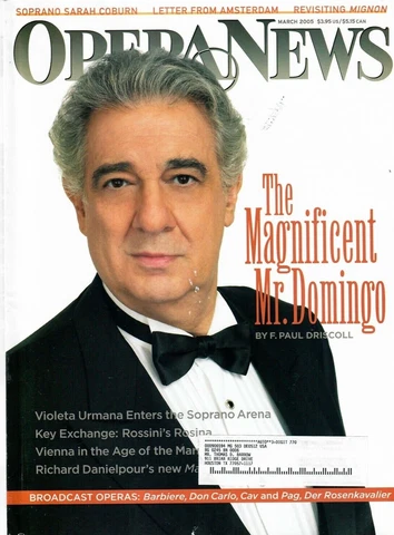 Placido Domingo Signed Page in Opera News, March 2005 Cover