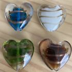 4 Lampwork Glass BLUE GREEN WHITE BROWN GOLD STRIPE HEART BEADS 3D Puffy 35mm