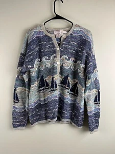 NEW South Cotton Sweater Hand Knitted Sailboats Waves Blues Purples Unique Large - Picture 1 of 9