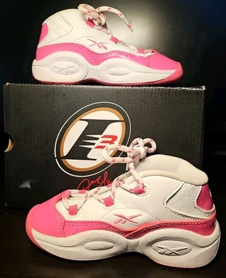 EUC WITH OG BOX Reebok Question Mid Pink Toe Sneakers White Hot Pink PS Size 10 - Image 1 of 4
