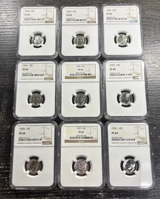 1956-1964 Lot Of (9) Roosevelt Proof Dimes NGC PF69 - Item#110 - Image 1 of 4