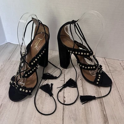Aquazurra Block Heel Sandals 8.5 Talum Black Suede Gold Stud Tassel Lace Up 38.5 - Image 1 of 4