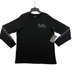 RVCA T Shirt Boys Sz 12 Medium Black Graphic Crewneck Long Sleeve Flame Logo NEW - Picture 1 of 9