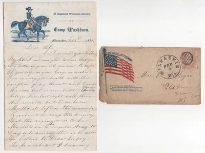 US 1866 POST-CIVIL WAR PATRIOTIC COVER & 3PAGE LETTER NEA MILWAUKEE FANCY CANCEL - Image 1 of 4
