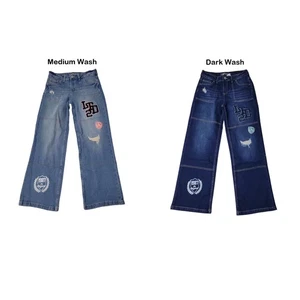 Limited Too Girls Decorative Patches Zip & Button Straight Leg Denim - Picture 1 of 6