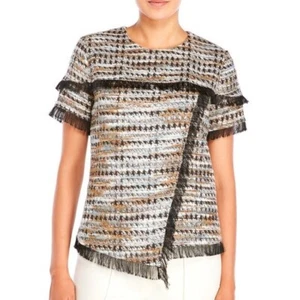 Raoul Blouse 4 Metallic Brown & Blue Fringe Trim Tweed Asymmetrical Hem Top - Picture 1 of 8