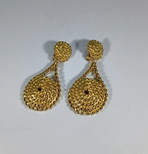 Vintage Gold Rope Drop Earrings 80s Beautiful Spiral Twist Clip on Earrings - Picture 1 of 6