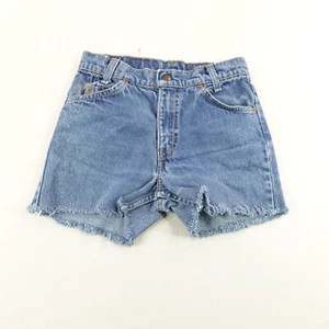 Vintage Levis Shorts Girls 14 Blue Denim Jean Cut Off Floral Orange Tab 80s Kids - Picture 1 of 11